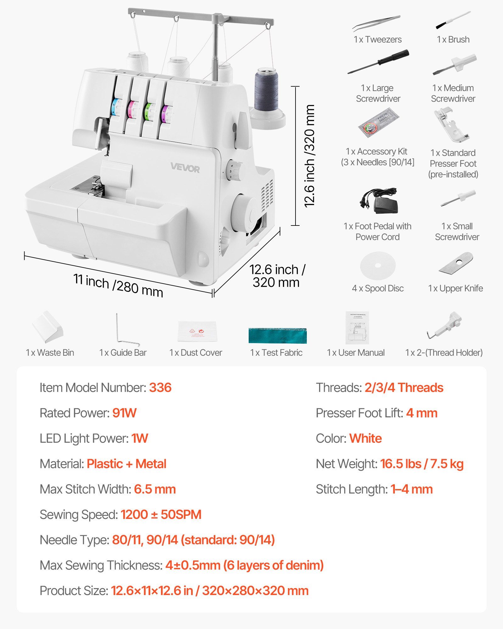 VEVOR Overlock naaimachine, 1250 steken per minuut, geschikt voor 2-3-4 draden, instelbare differentieeltransport (0,7-2), met vrije arm en LED-verlichting, naaimachine voor diverse stoffen, wit