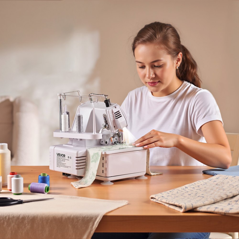 VEVOR Overlock naaimachine, 1250 steken per minuut, geschikt voor 3- en 4-draads naaien, met LED-verlichting en sterke zuignappen, robuuste naaimachine met metalen frame voor diverse stoffen, wit