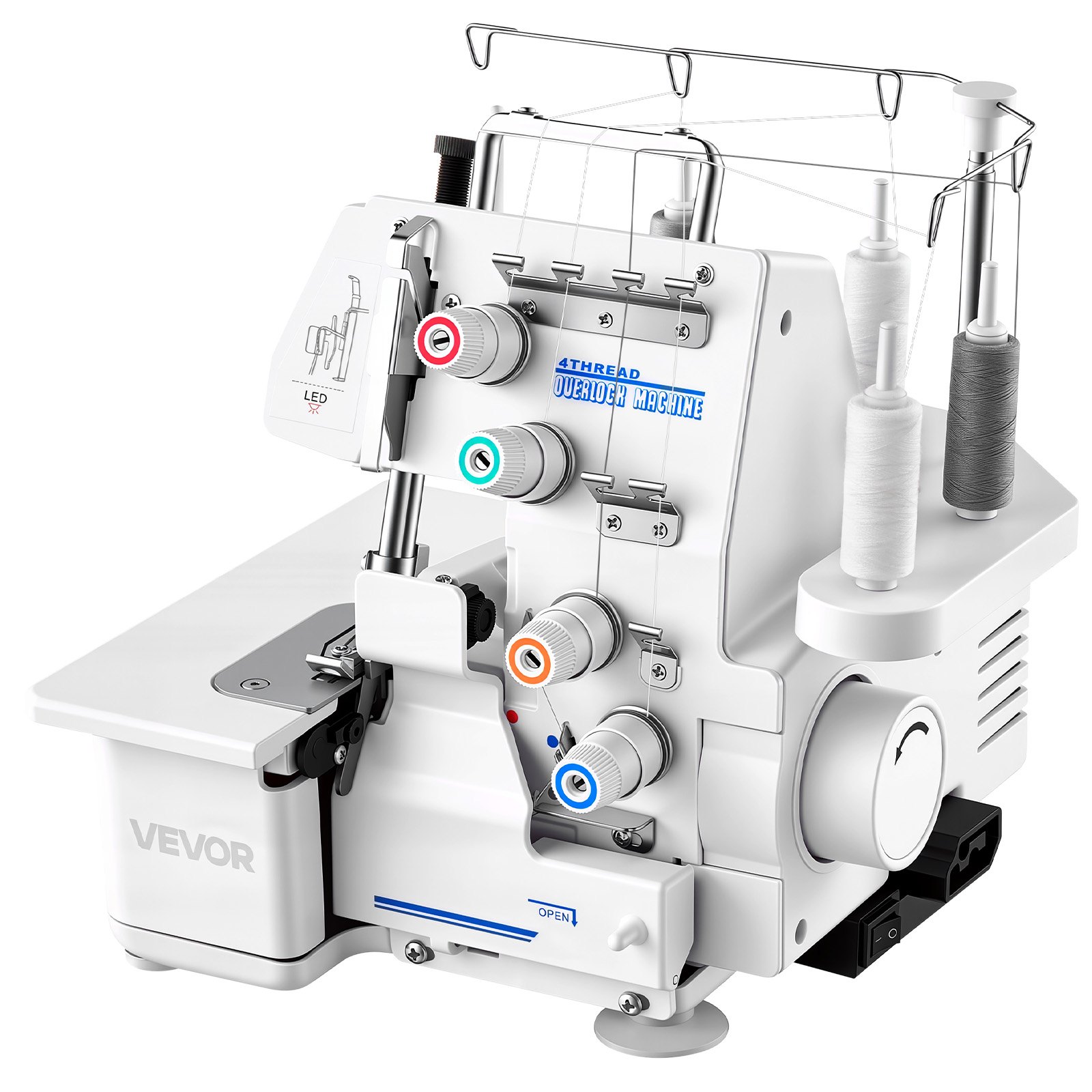 VEVOR Overlock naaimachine, 1250 steken per minuut, geschikt voor 3- en 4-draads naaien, met LED-verlichting en sterke zuignappen, robuuste naaimachine met metalen frame voor diverse stoffen, wit