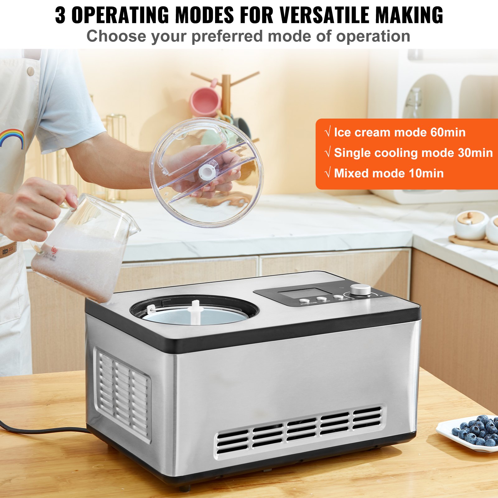 VEVOR Automatic Ice Cream Maker with Built-in Compressor, 2 Quart No Pre-freezing Fruit Yogurt Machine, Stainless Steel Electric Sorbet Maker, 3 Modes Gelato Maker with LCD Display & Timer, Silver