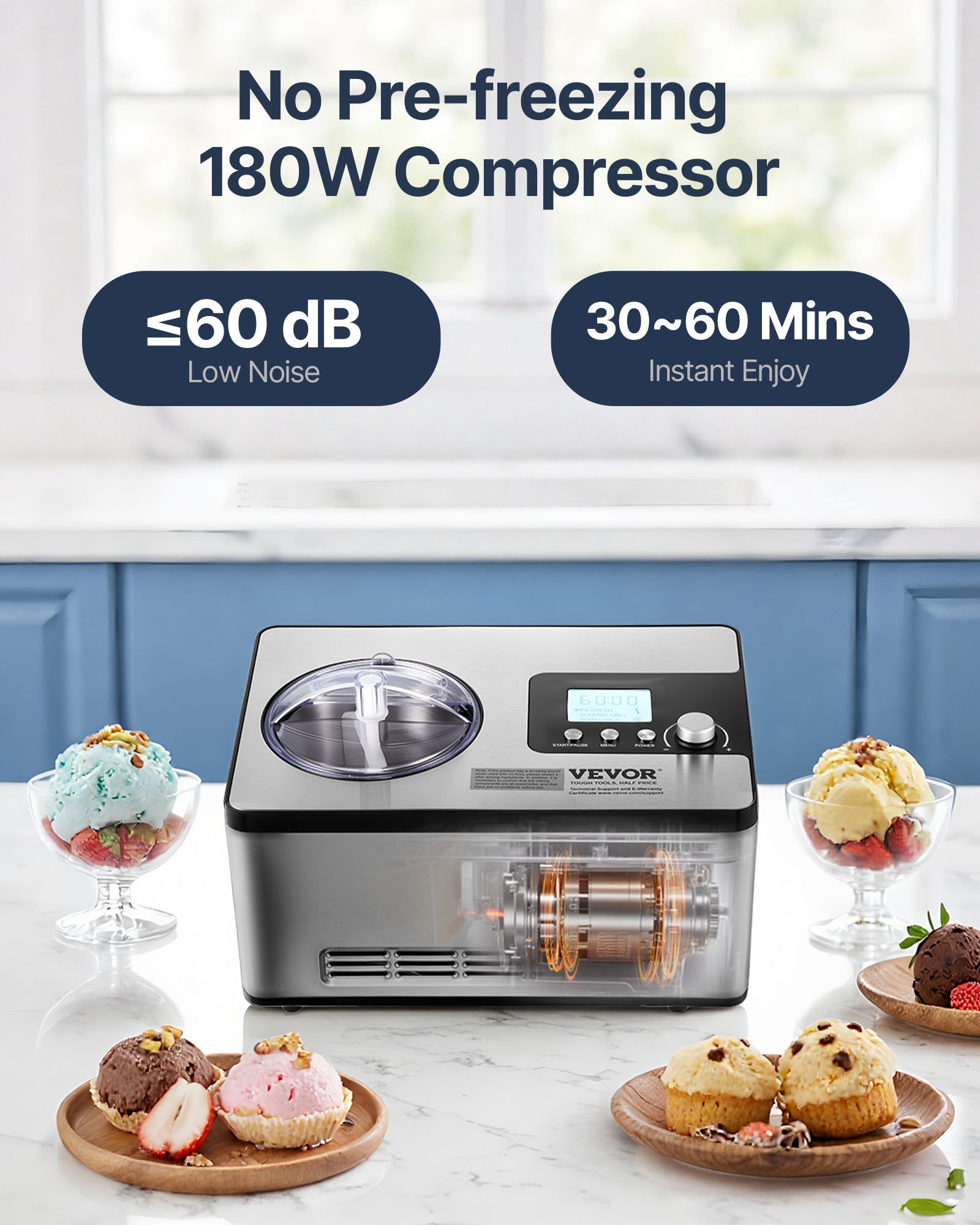 VEVOR Compressor IJsmachine 2L, 180W Bevroren Yoghurtmachine IJsmachine 3 Standen Yoghurtmachine Huishoudelijk, Draagbare IJsmachine Sorbet Gelato Laag Geluidsniveau Zilver Elektrisch