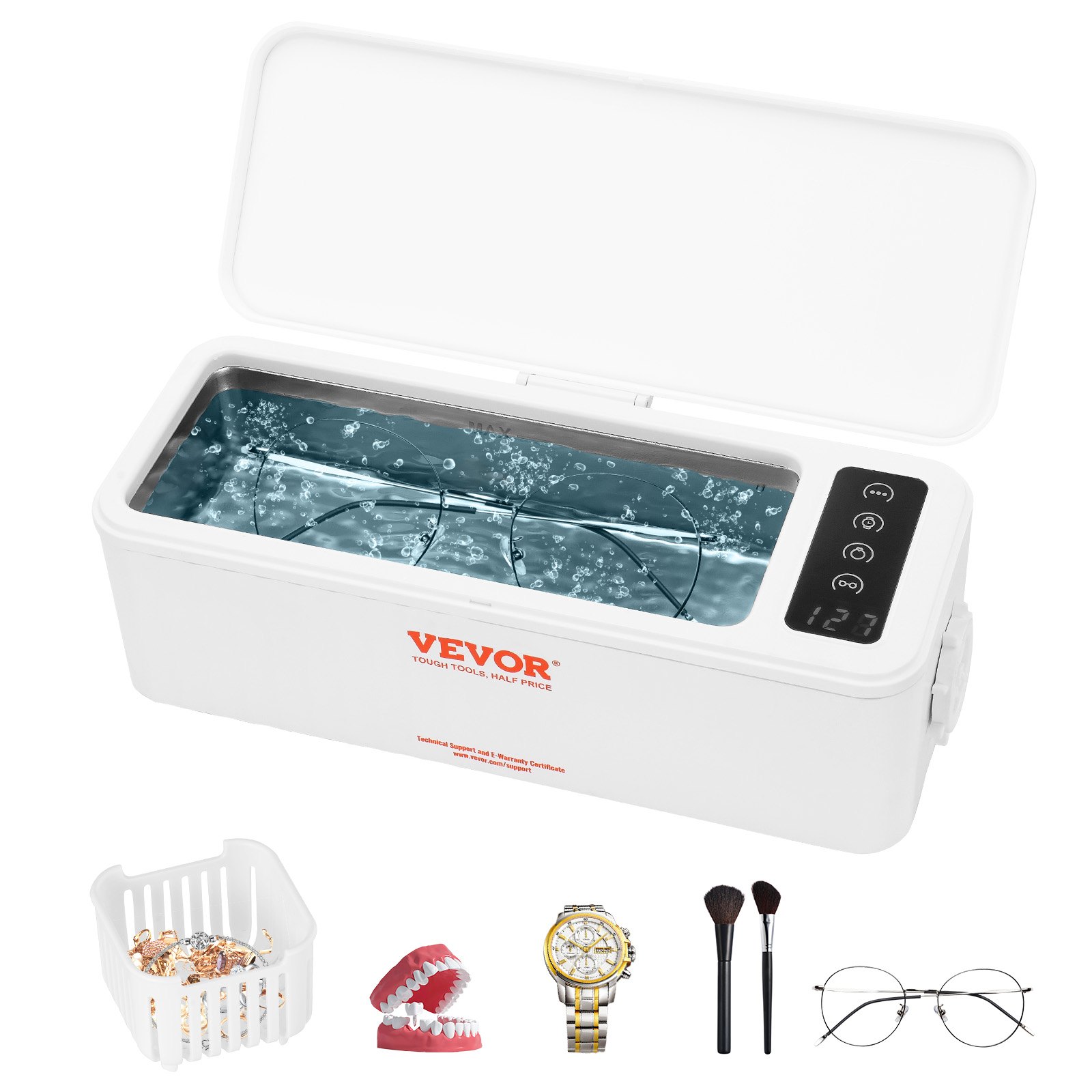 VEVOR Ultrasoon reiniger Ultrasoon reinigingsapparaat voor roestvrij staal 15-20 W, 470 ml Ultrasoon reinigingsapparaat met digitaal display, wit Vier beschikbare modellen voor sieraden, brillen, horloges, enz.