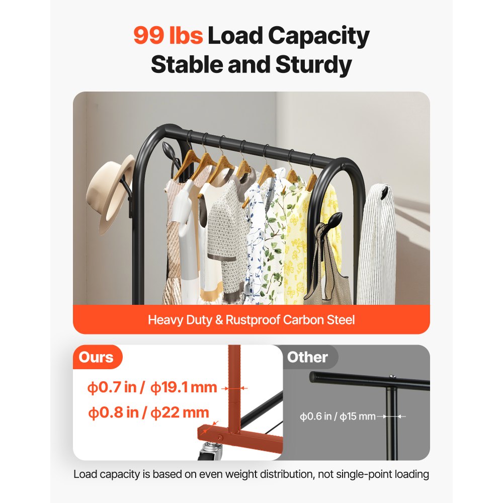 VEVOR Clothes Rack, Rolling Clothing Garment Rack with Hanging Rod and Side Hooks, 3 Storage Shelves, 45 kg Load Capacity, Heavy Duty Carbon Steel Clothing Racks for Bedroom, Laundry, Living Room