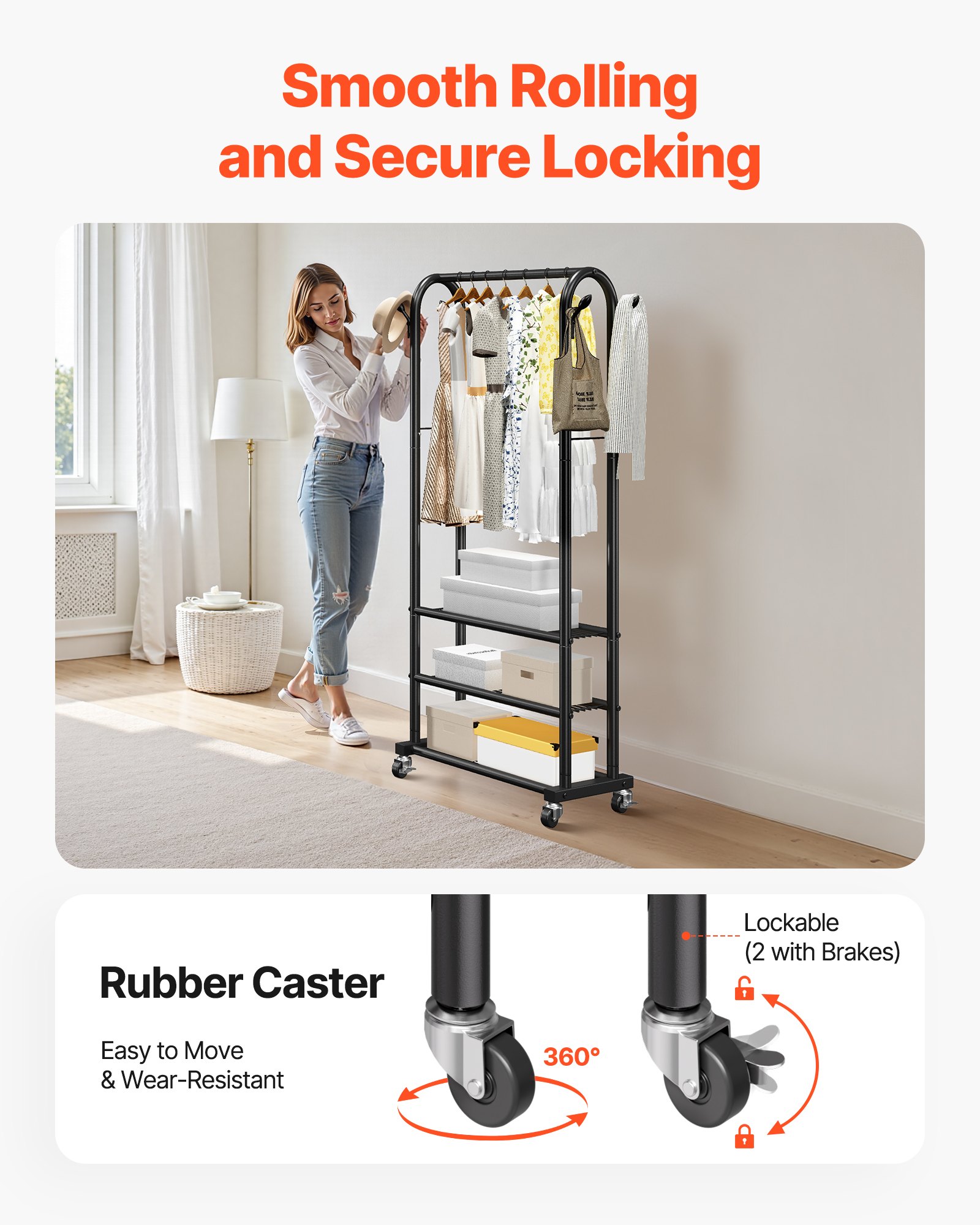 VEVOR Clothes Rack, Rolling Clothing Garment Rack with Hanging Rod and Side Hooks, 3 Storage Shelves, 45 kg Load Capacity, Heavy Duty Carbon Steel Clothing Racks for Bedroom, Laundry, Living Room