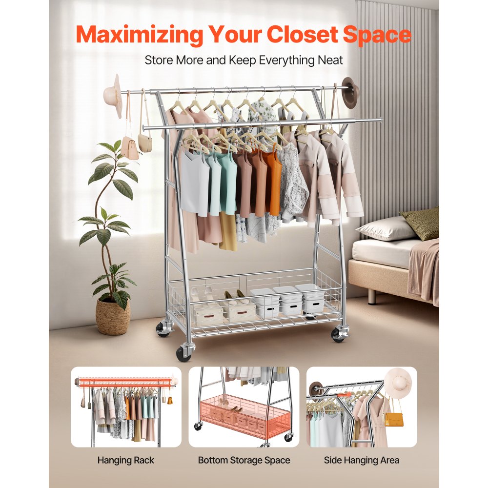 VEVOR Clothes Rack, Rolling Clothing Garment Rack with 2 Hanging Rods and Storage Basket, 150 kg Load Capacity, Extendable Carbon Steel Clothing Racks with Wheels for Bedroom, Laundry, Living Room