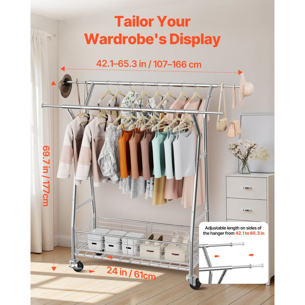 VEVOR Clothes Rack, Rolling Clothing Garment Rack with 2 Hanging Rods and Storage Basket, 150 kg Load Capacity, Extendable Carbon Steel Clothing Racks with Wheels for Bedroom, Laundry, Living Room