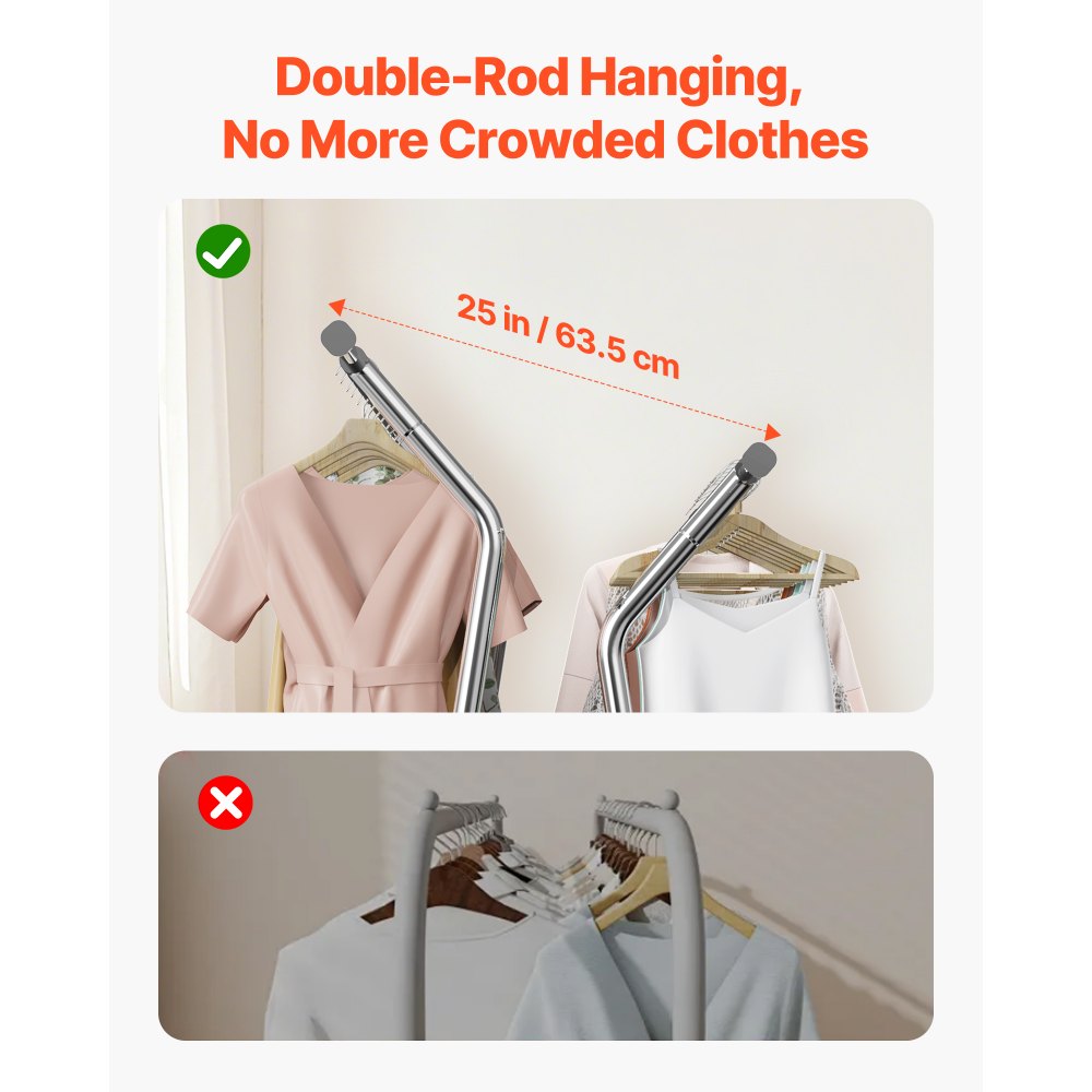 VEVOR Clothes Rack, Rolling Clothing Garment Rack with 2 Hanging Rods and Storage Basket, 150 kg Load Capacity, Extendable Carbon Steel Clothing Racks with Wheels for Bedroom, Laundry, Living Room