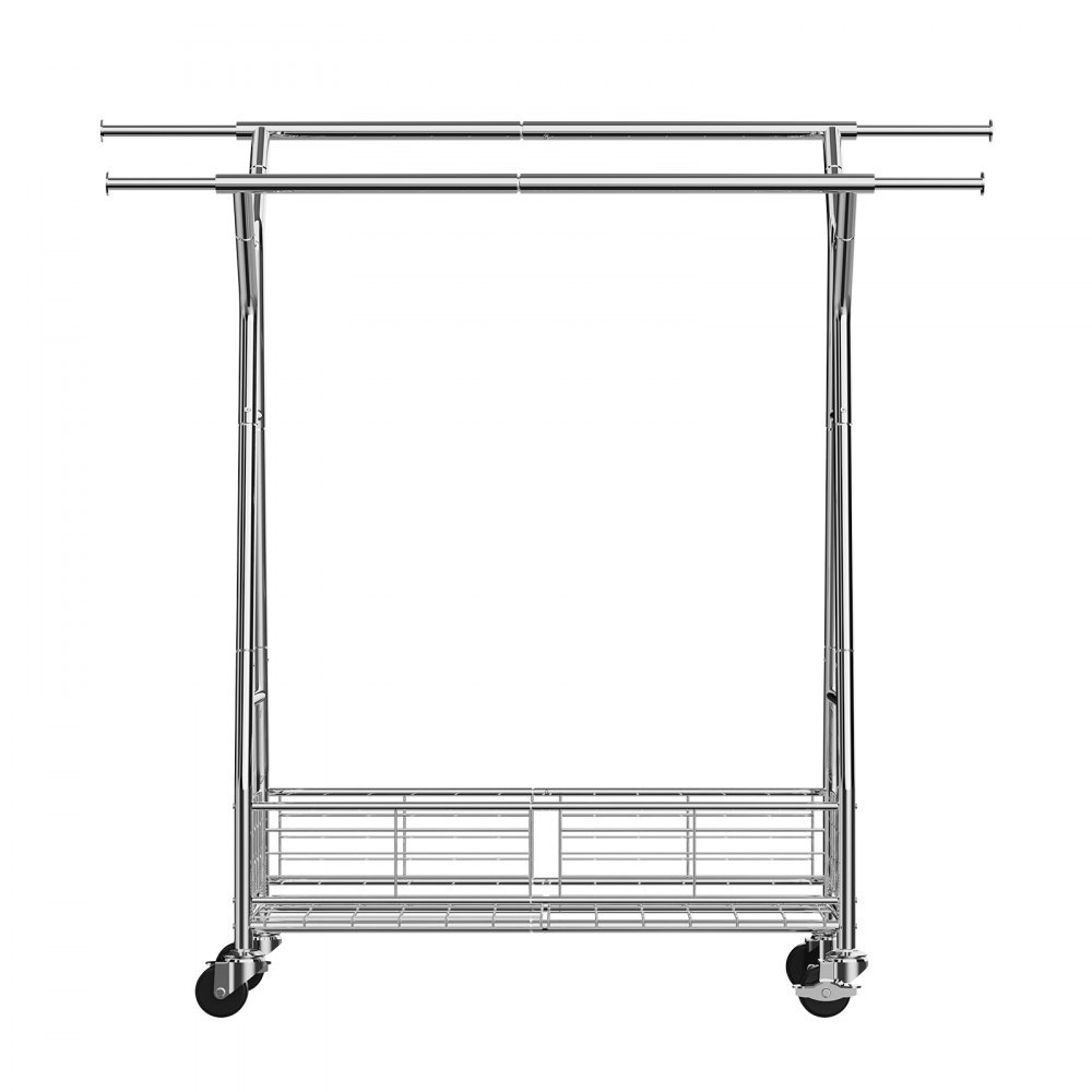 VEVOR Clothes Rack, Rolling Clothing Garment Rack with 2 Hanging Rods and Storage Basket, 150 kg Load Capacity, Extendable Carbon Steel Clothing Racks with Wheels for Bedroom, Laundry, Living Room