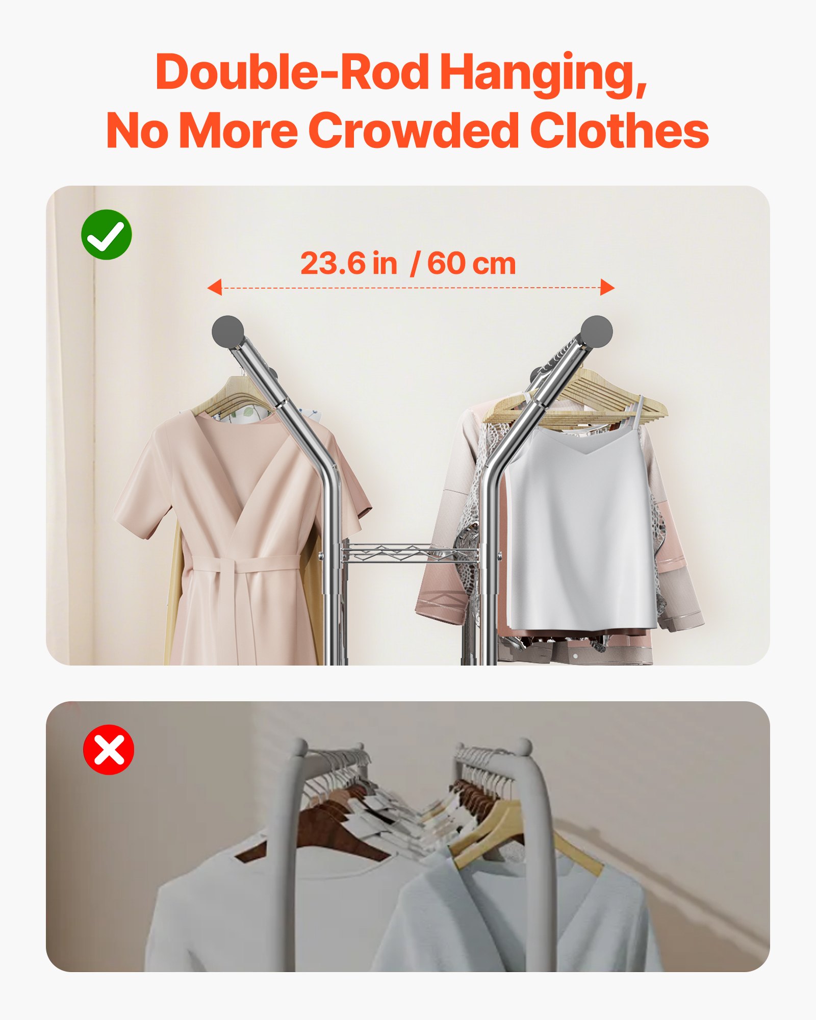 VEVOR Clothes Rack, Rolling Clothing Garment Rack with 2 Hanging Rods and 2 Storage Shelves, 120 kg Load Capacity, Adjustable Height Carbon Steel Clothing Racks for Bedroom, Laundry, Living Room