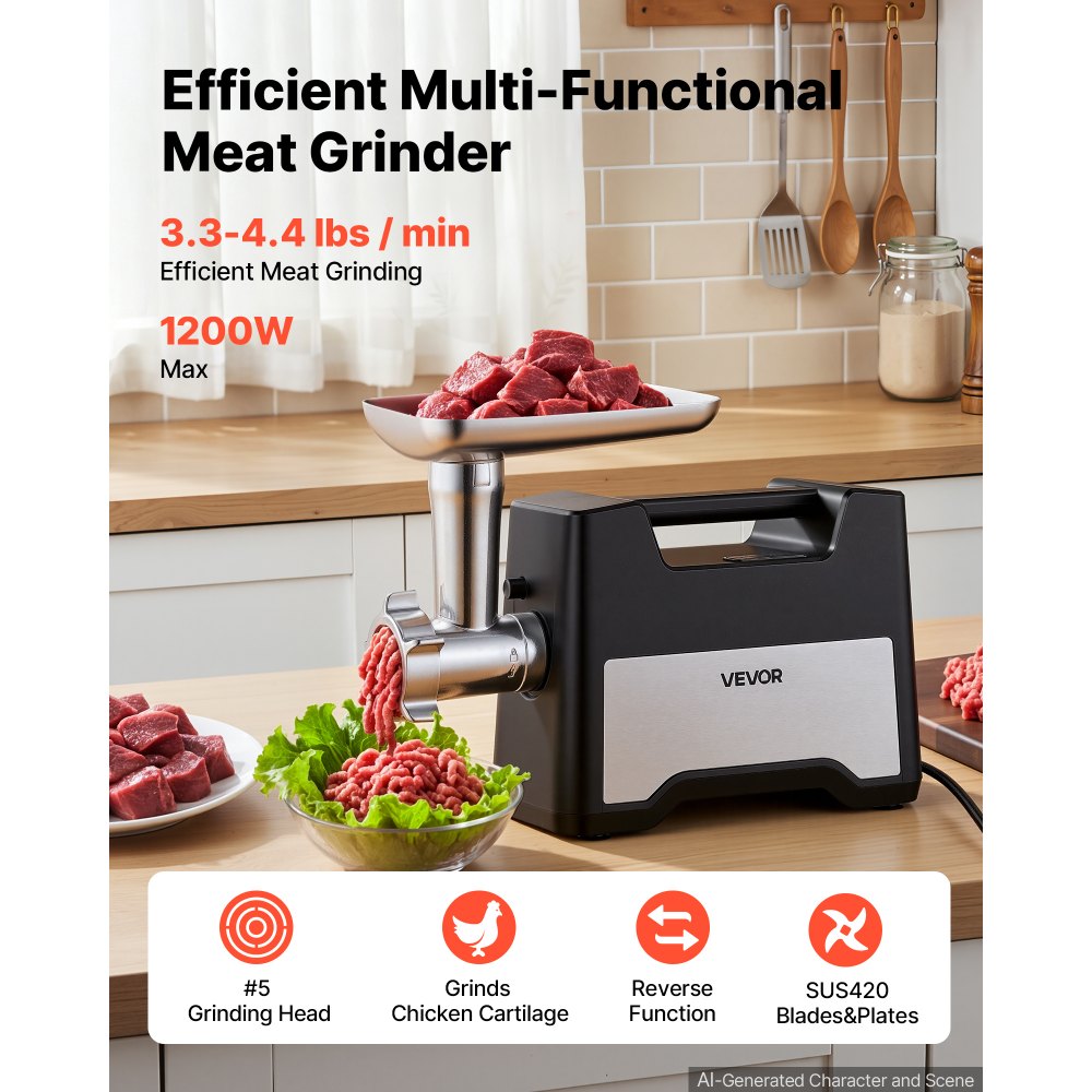 VEVOR elektrische vleesmolen 1,5–2 kg/min max. 1200 W worstvuller, 500 W motor, 21 mm worstvulbuis, 2 geperforeerde schijven (3/7 mm), vleesduwer, roestvrijstalen behuizing en kibbehset