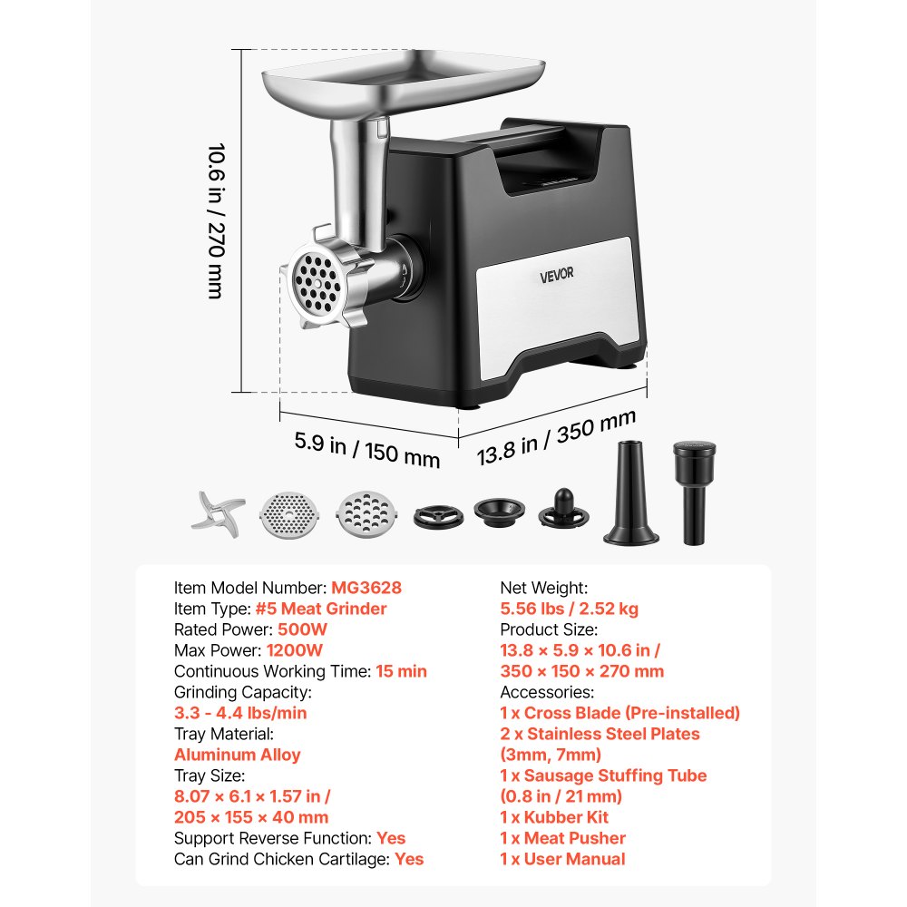 VEVOR elektrische vleesmolen 1,5–2 kg/min max. 1200 W worstvuller, 500 W motor, 21 mm worstvulbuis, 2 geperforeerde schijven (3/7 mm), vleesduwer, roestvrijstalen behuizing en kibbehset