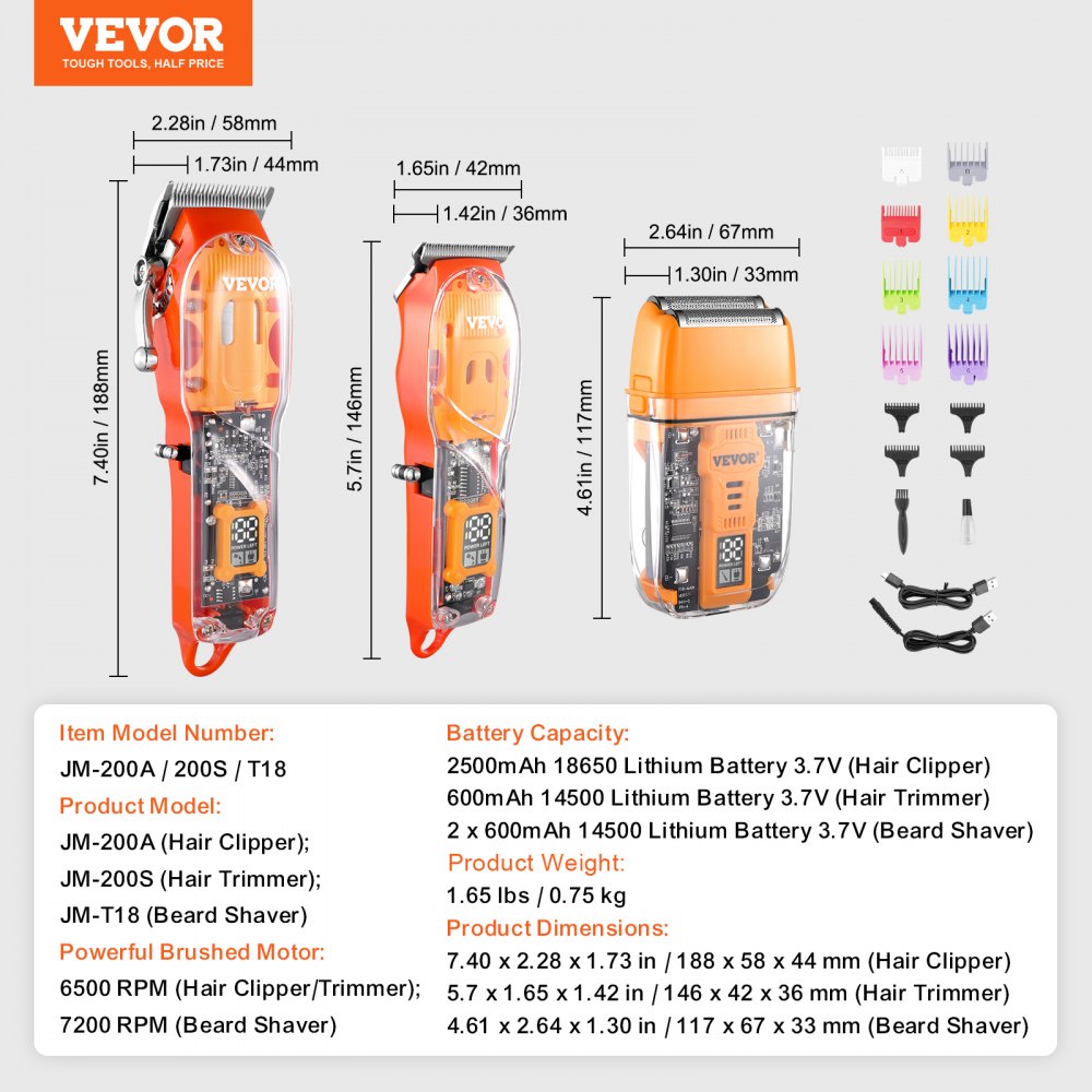 VEVOR Professionele tondeuse voor mannen, 3-in-1 tondeuse en scheerapparaatset, draadloze oplaadbare tondeuse voor het knippen en trimmen van haar, baardverzorgingsset voor mannen voor thuiskapper, ideaal cadeau