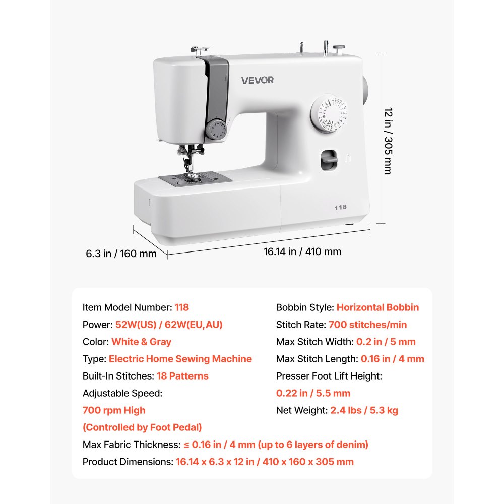VEVOR Geautomatiseerde naaimachine voor beginners met 18 steektoepassingen, pedaal en led-lampje, stevig metalen frame, digitale naaimachine met krachtige motor voor knutselen en repareren, wit