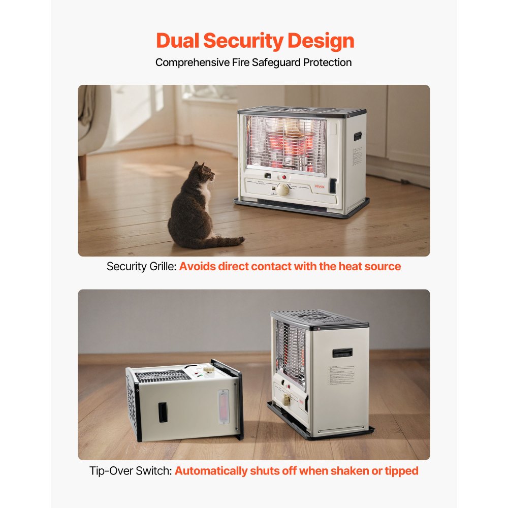 VEVOR 10.000 BTU Kerosinekachel, draagbare ruimteverwarmer met automatische uitschakeling, instelbare vlam en kantelbeveiliging, voor thuis, garage, kelder, camping, werkplaats en noodgevallen, zwart