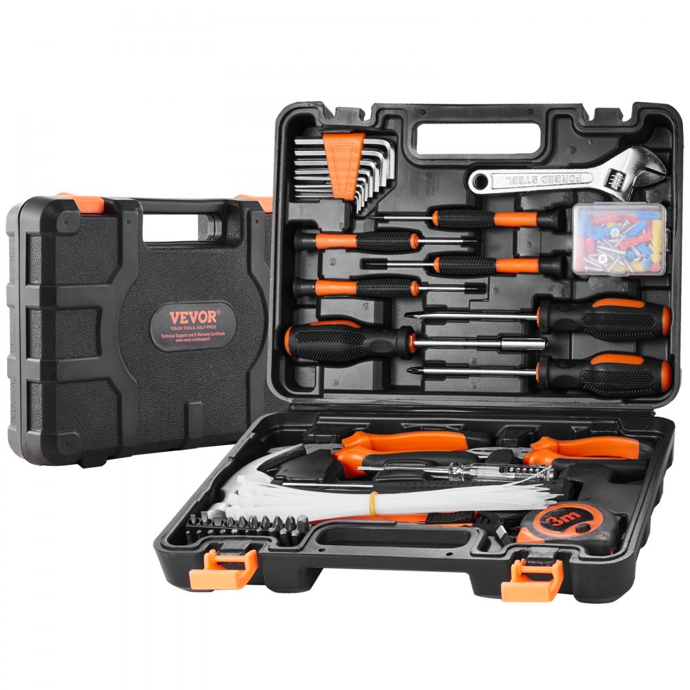 VEVOR tool kit with screwdrivers, pliers, wrench, zip ties, tape measure, and allen keys in a black case.