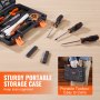 VEVOR tool kit with screwdrivers, zip ties, and storage case on a wooden table. portable and easy to carry.