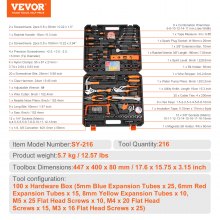 VEVOR Tool Kit 216 Piece General Household Hand Tool Set with Portable Tool Case