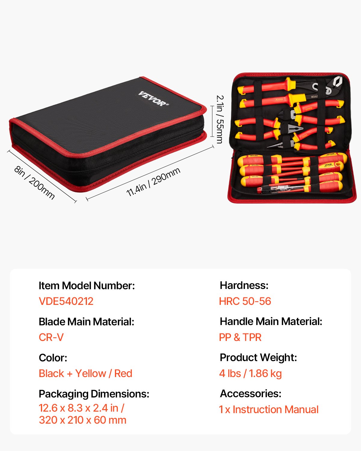 VEVOR 12-delige geïsoleerde schroevendraaierset, professionele elektrische schroevendraaierset, geïsoleerde gereedschapsset voor elektriciens, met magnetische kruiskoppunten en geïsoleerde tangen en zijtangen