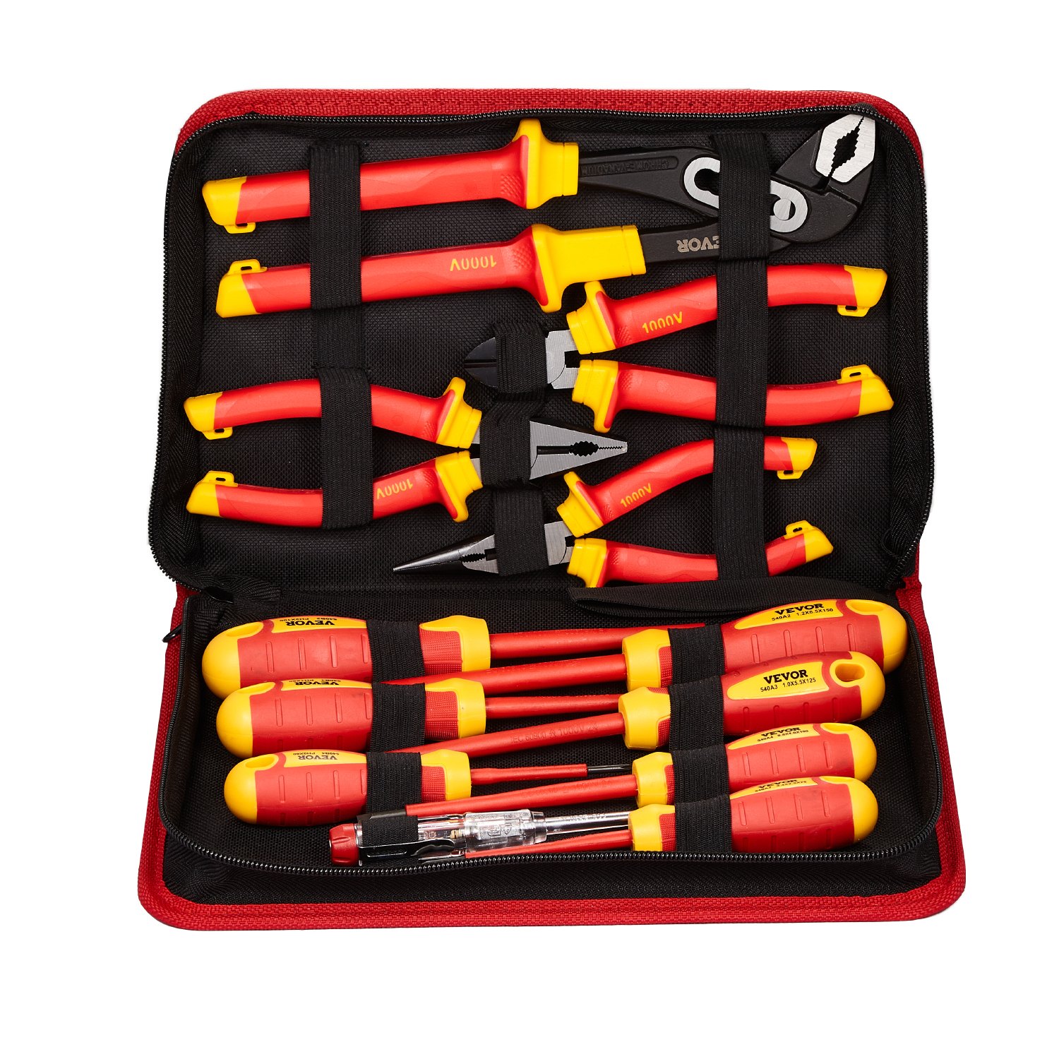 VEVOR 12-delige geïsoleerde schroevendraaierset, professionele elektrische schroevendraaierset, geïsoleerde gereedschapsset voor elektriciens, met magnetische kruiskoppunten en geïsoleerde tangen en zijtangen