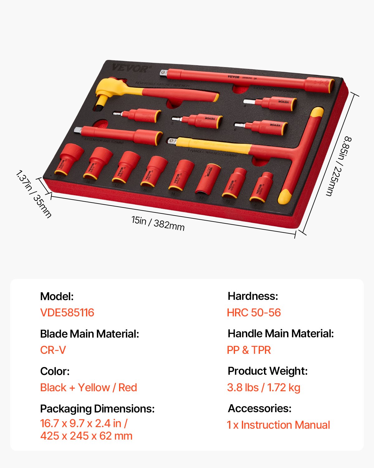 VEVOR Geïsoleerde doppenset 16-delige geïsoleerde sleutelset, 1000V geïsoleerde doppensleutel met geïsoleerde doppen, T-greepsleutel, ratelsleutel