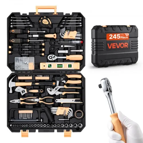 VEVOR 245-delige gereedschapset, gereedschapskist, gereedschapskast, voor dagelijkse klusjes en doe-het-zelfprojecten, met PE-opbergkoffer, hamer, sleutels, bits en tangen.