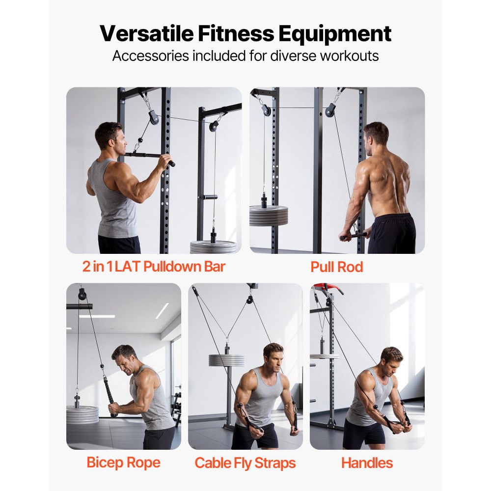 VEVOR Pulley System, 2 PCS LAT and Lift Pulley System, Gym Rack Pulleys Attachment with two Steel Cables, Short Bar, Dual Grip Handles, Cable Machine for Bicep, Shoulder, Back, Up to 150 kg Capacity