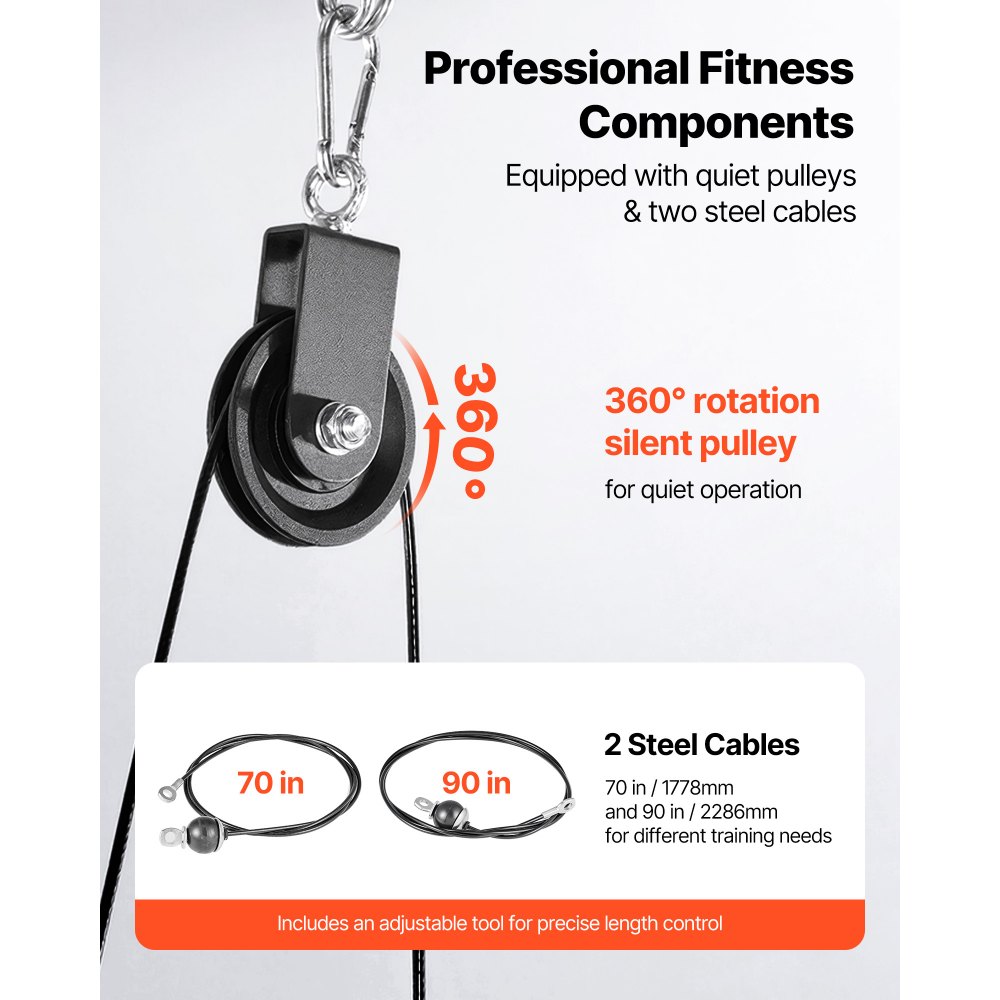 VEVOR Pulley System, 2 PCS LAT and Lift Pulley System, Gym Rack Pulleys Attachment with two Steel Cables, Short Bar, Dual Grip Handles, Cable Machine for Bicep, Shoulder, Back, Up to 150 kg Capacity