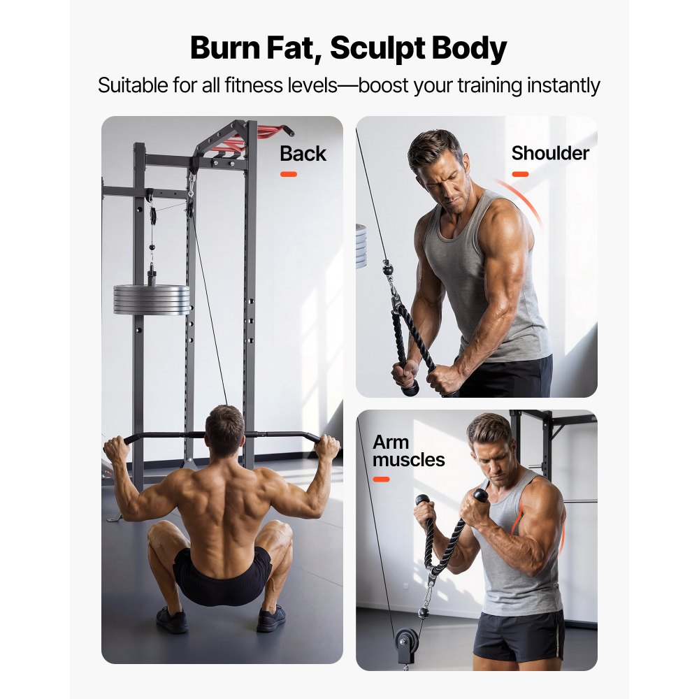 VEVOR Pulley System, 2 PCS LAT and Lift Pulley System, Gym Rack Pulleys Attachment with two Steel Cables, Short Bar, Dual Grip Handles, Cable Machine for Bicep, Shoulder, Back, Up to 150 kg Capacity