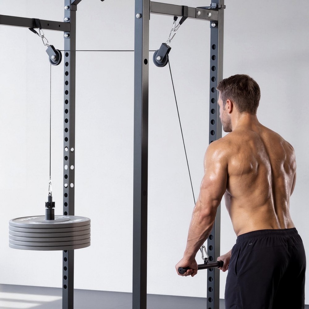 VEVOR Kabelkatrolsysteem, 2-delige latpulldown-unit, draagvermogen tot 150 kg, krachttrainingsapparatuur met latpulldownstang en kabelkatrol, oefeningen voor armen, rug en schouders, katrolsysteem doe-het-zelf latpulldowntoren voor thuisfitness