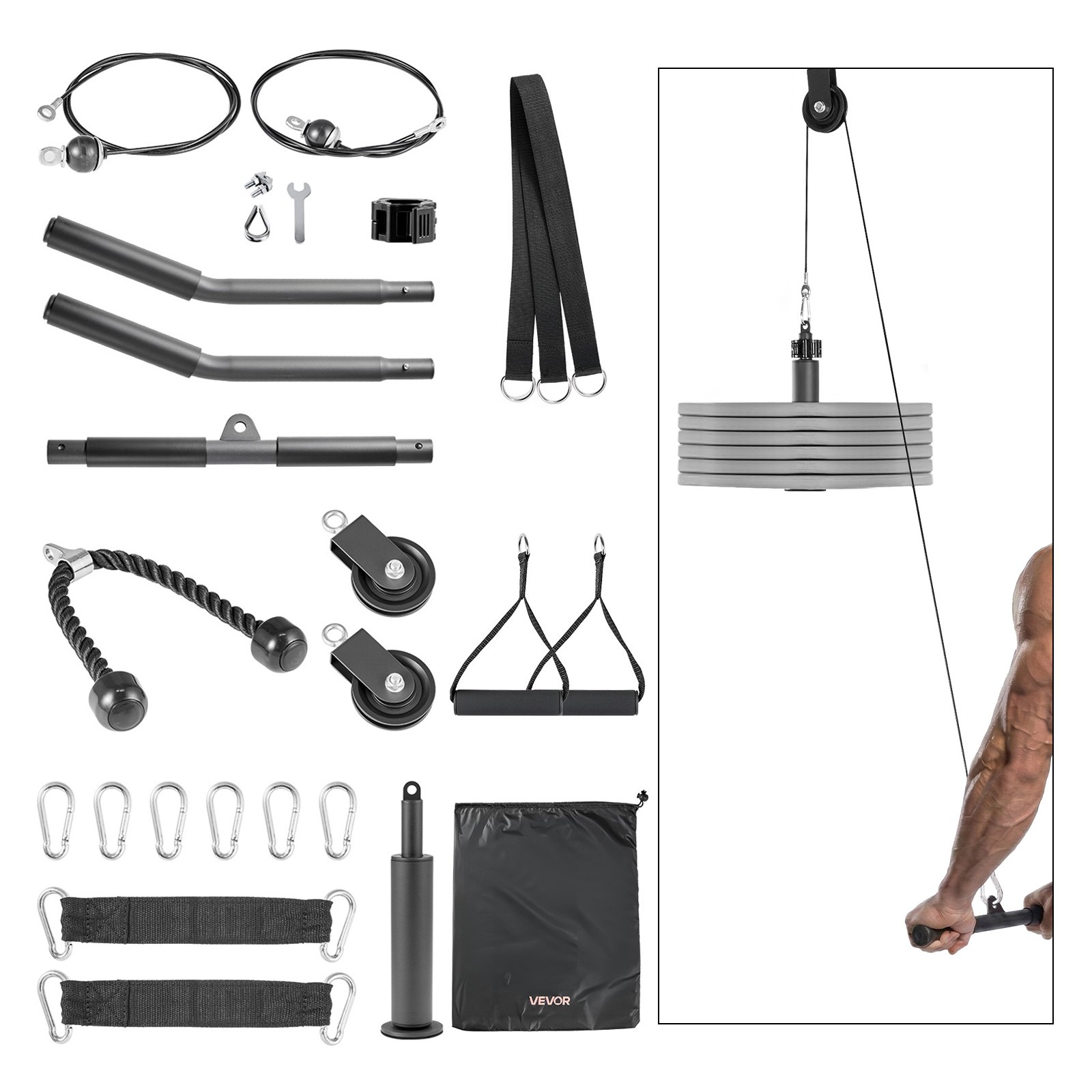 VEVOR Kabelkatrolsysteem, 2-delige latpulldown-unit, draagvermogen tot 150 kg, krachttrainingsapparatuur met latpulldownstang en kabelkatrol, oefeningen voor armen, rug en schouders, katrolsysteem doe-het-zelf latpulldowntoren voor thuisfitness