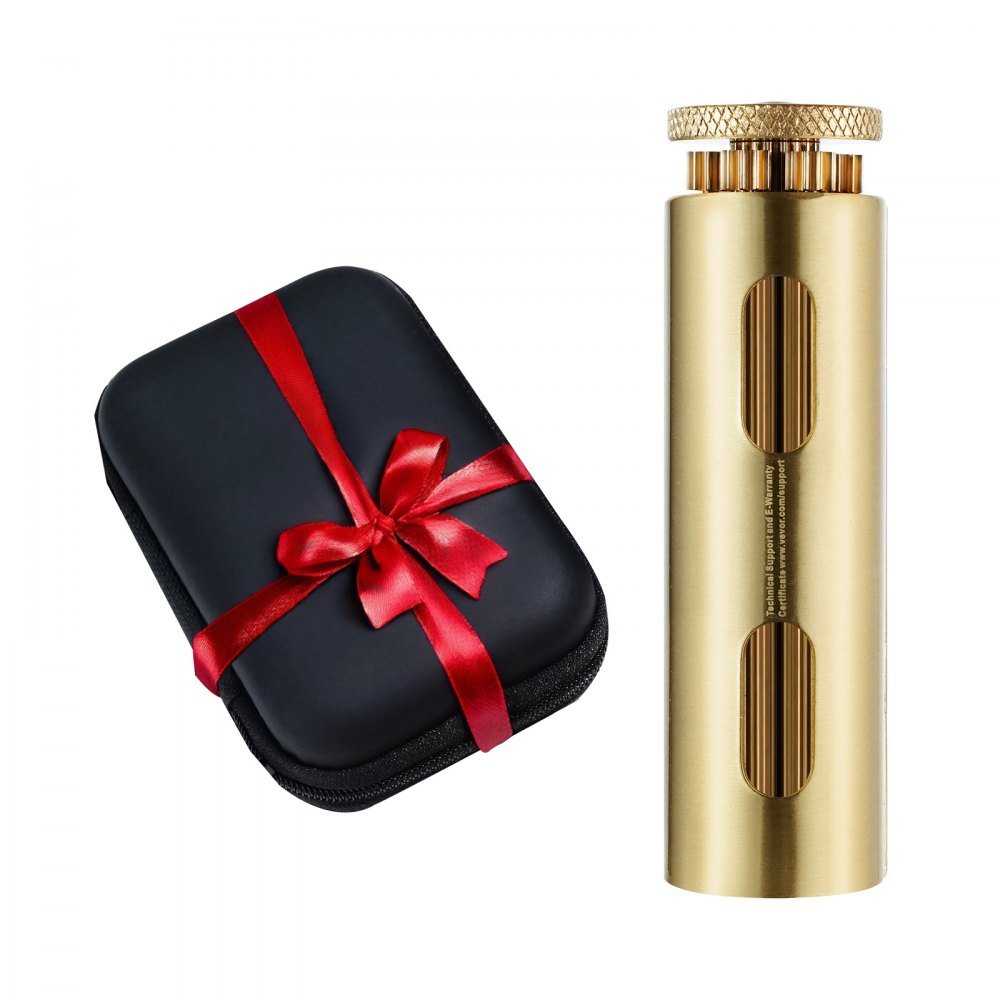 gold VEVOR cigarette rolling machine with black case tied in red ribbon.