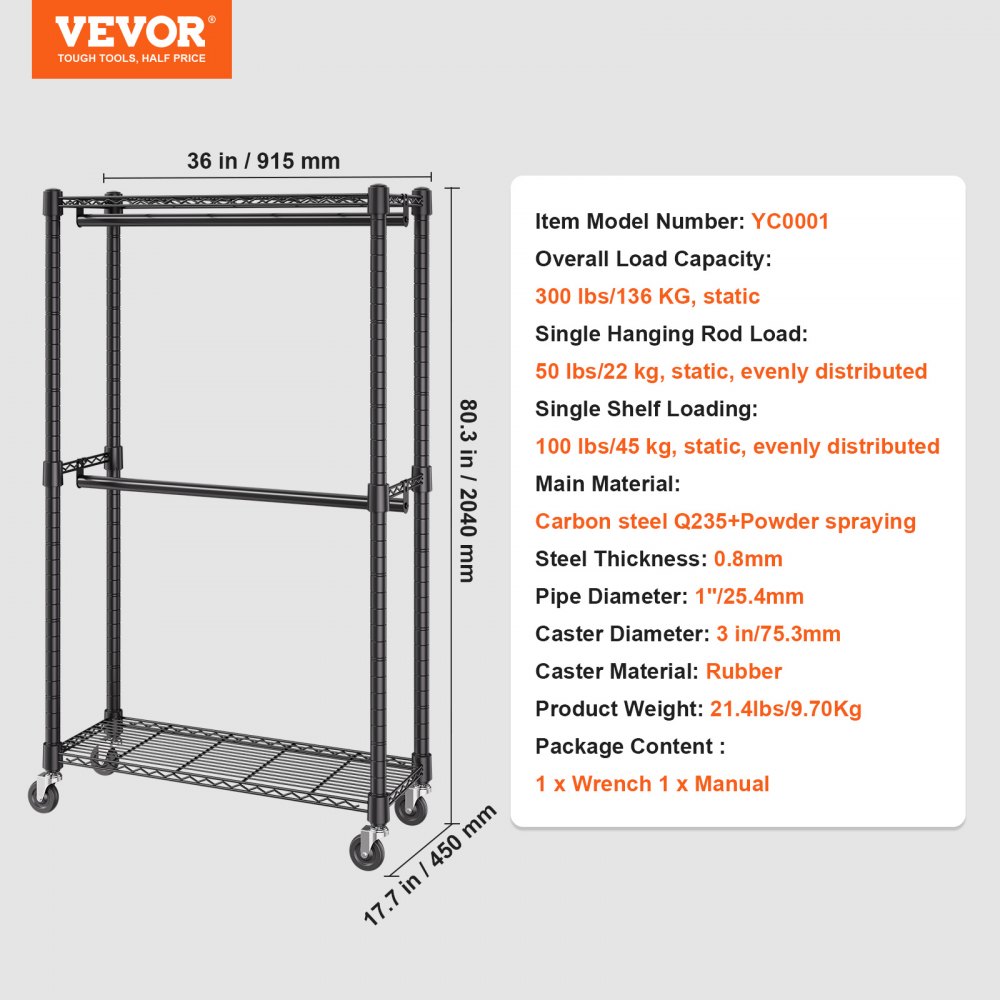 VEVOR Kledingrek op wielen, garderobekaststandaard, 1 kledingstang, 2 niveaus, draagvermogen van 136 kg. Duurzaam kledingrek op wielen voor slaapkamer, wasruimte, kleedkamer, entree etc.