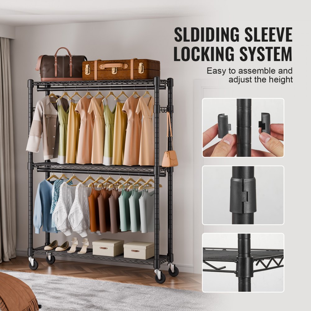VEVOR Heavy Duty Clothes Rack, Rolling Clothing Garment Rack with 3 Storage Tiers, 2 Rods and 2 Pairs Side Hooks, Adjustable Height Clothing Rack Closet for Hanging Clothes, 400 Lbs Load Capacity