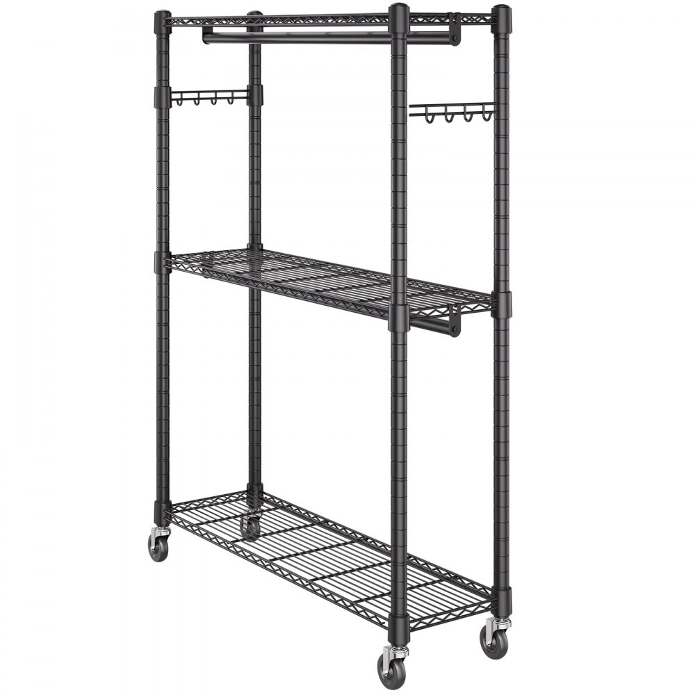 VEVOR Heavy Duty Clothes Rack, Rolling Clothing Garment Rack with 3 Storage Tiers, 2 Rods and 2 Pairs Side Hooks, Adjustable Height Clothing Rack Closet for Hanging Clothes, 400 Lbs Load Capacity