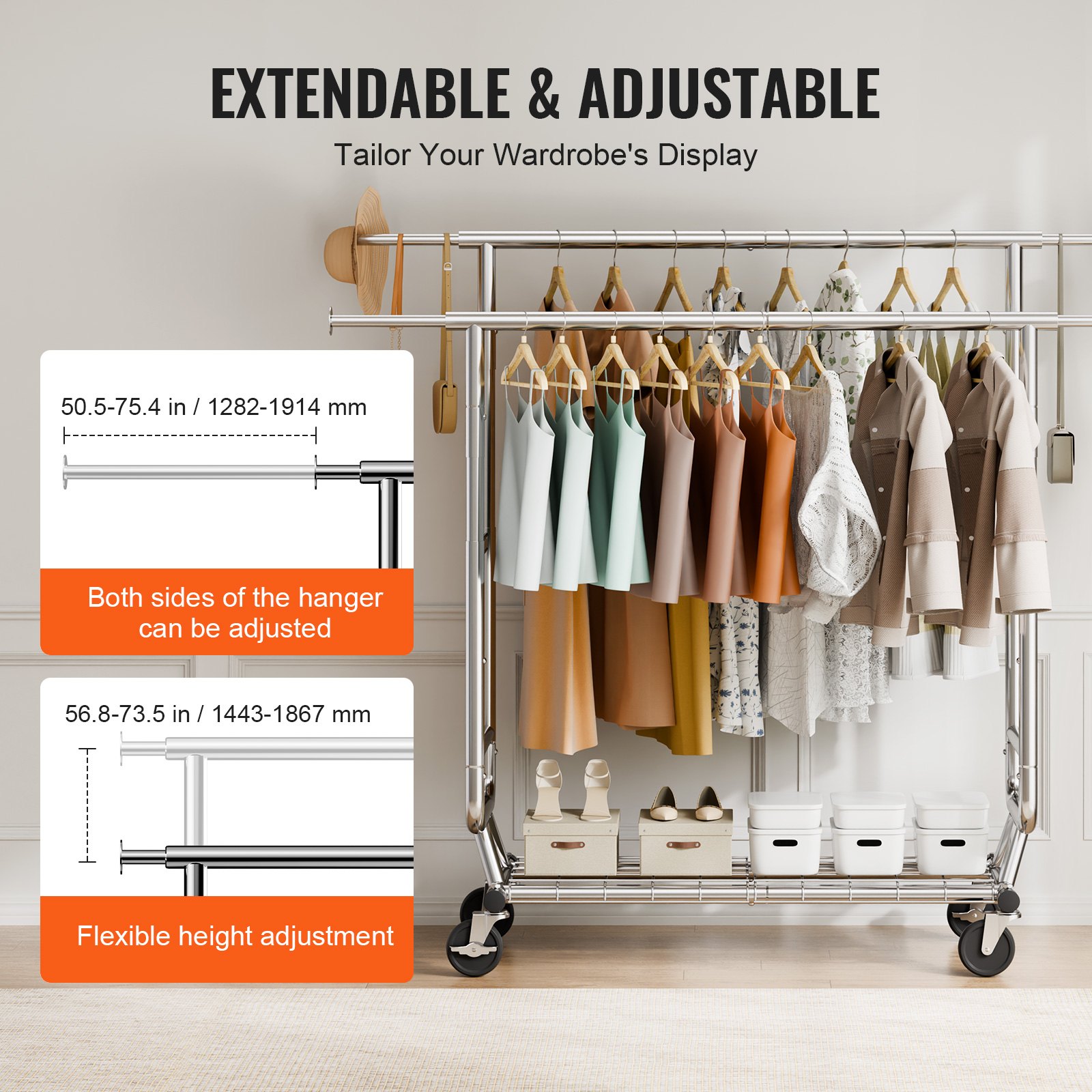 VEVOR Heavy Duty Clothes Rack, Double Hanging Rod Clothing Garment Rack for Hanging Clothes, Adjustable Height and Extendable Length Clothing Rack with Bottom Storage Area, 600 lbs Load Capacity
