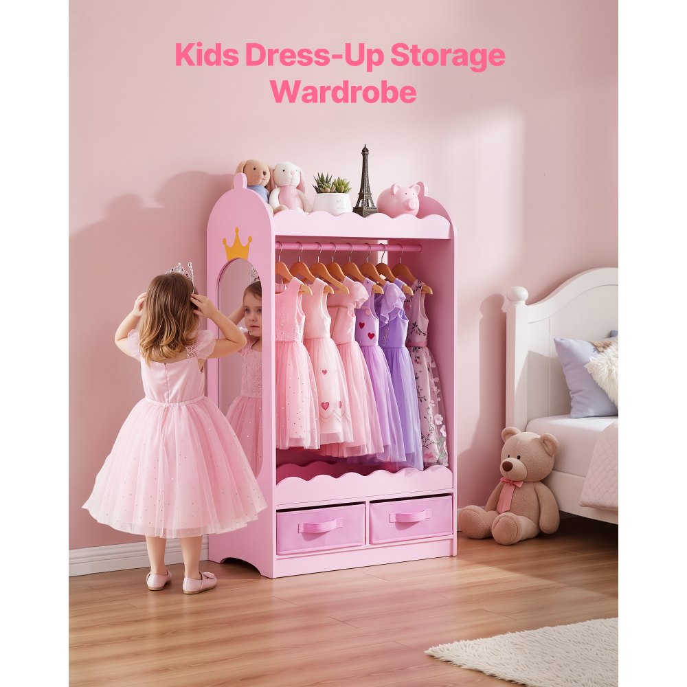 VEVOR Kinderkledingkast 604x339x1080mm, Kinderkledingkast met spiegel, kledingstang en planken, Kleedkamerkast van MDF met stoffen lades voor meisjes, Kinderkledingkast voor verkleedpartijen, Slaapkamer, Roze