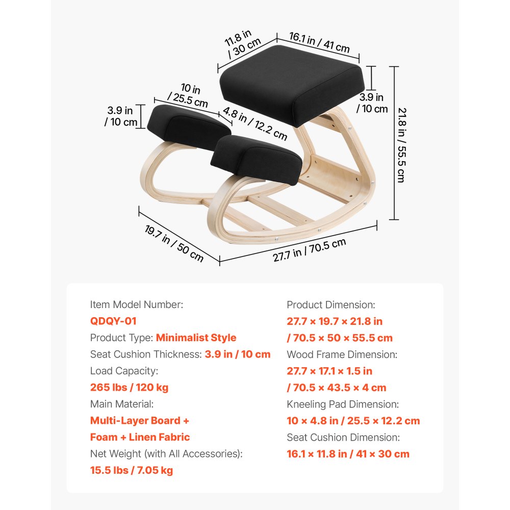 VEVOR Ergonomic Kneeling Chair, Wooden Posture Knee Chair with Thick Foam Cushions and Solid Wood Frame, Adjustable Height, Natural Relief for Neck or Back Pain, Ideal for Home, Office or Meditation