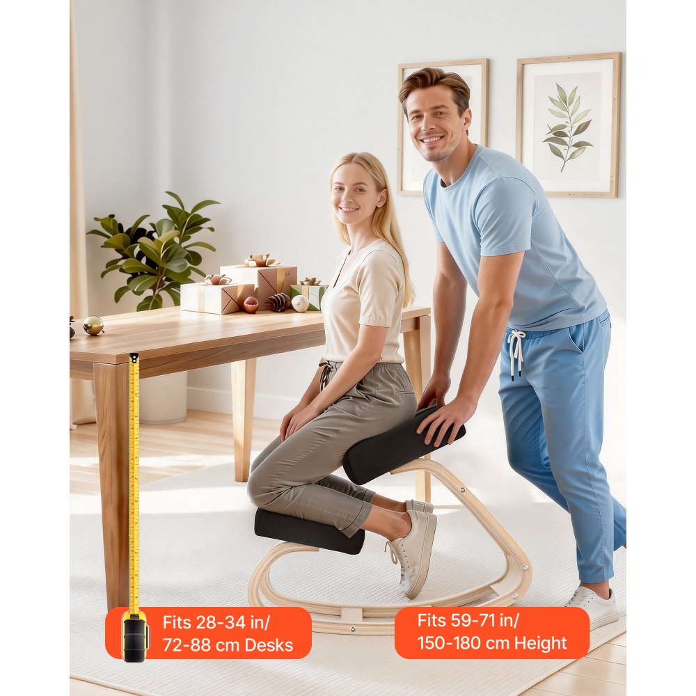 VEVOR Ergonomische knielstoel met dikke schuimkussens en stevig massief houten frame, knielstoel voor nek- en rugverlichting, draagvermogen tot 65 kg, ideaal voor thuis, kantoor en meditatie, zwart