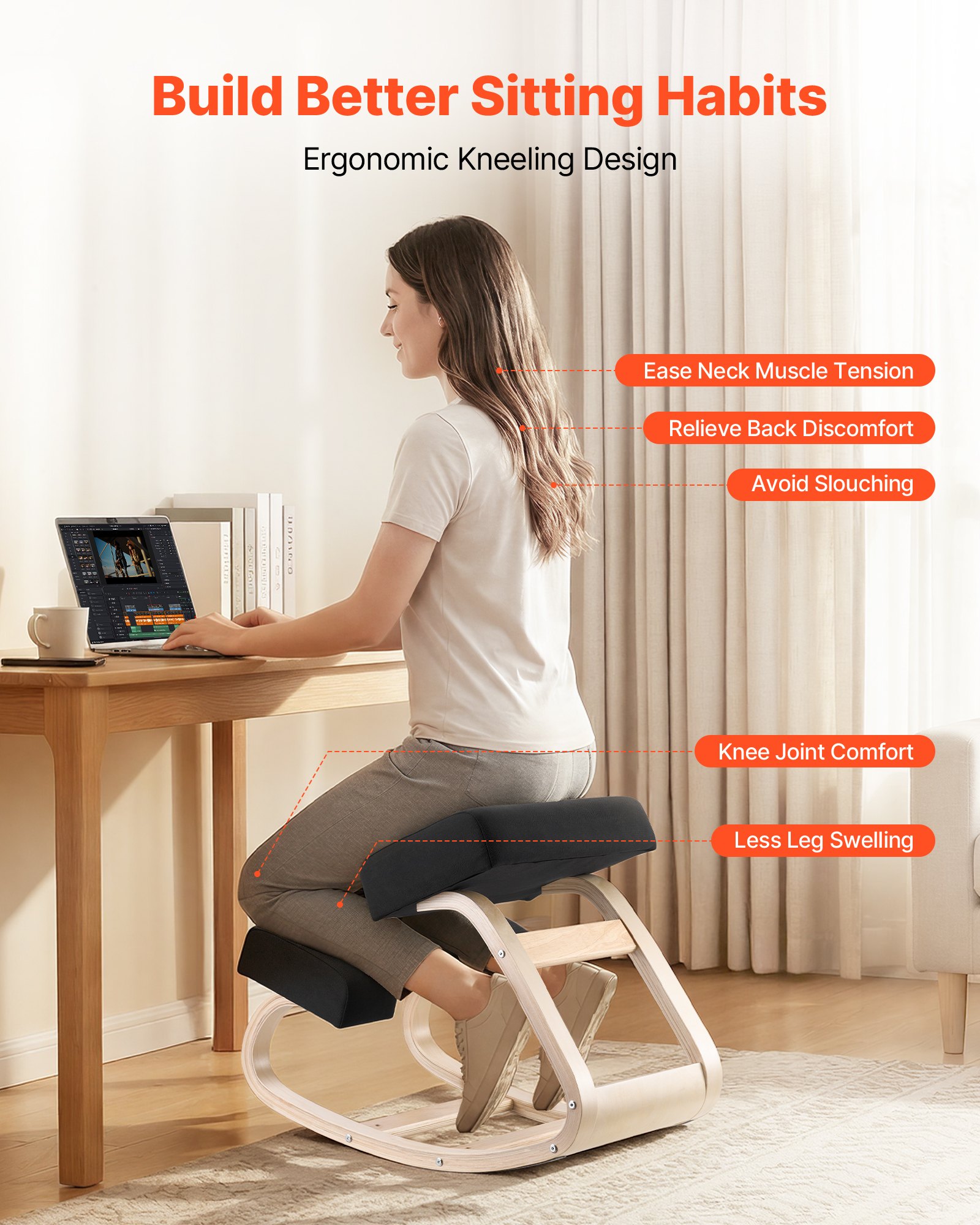 VEVOR Ergonomische knielstoel met dikke schuimkussens en stevig massief houten frame, knielstoel voor nek- en rugverlichting, draagvermogen tot 65 kg, ideaal voor thuis, kantoor en meditatie, zwart