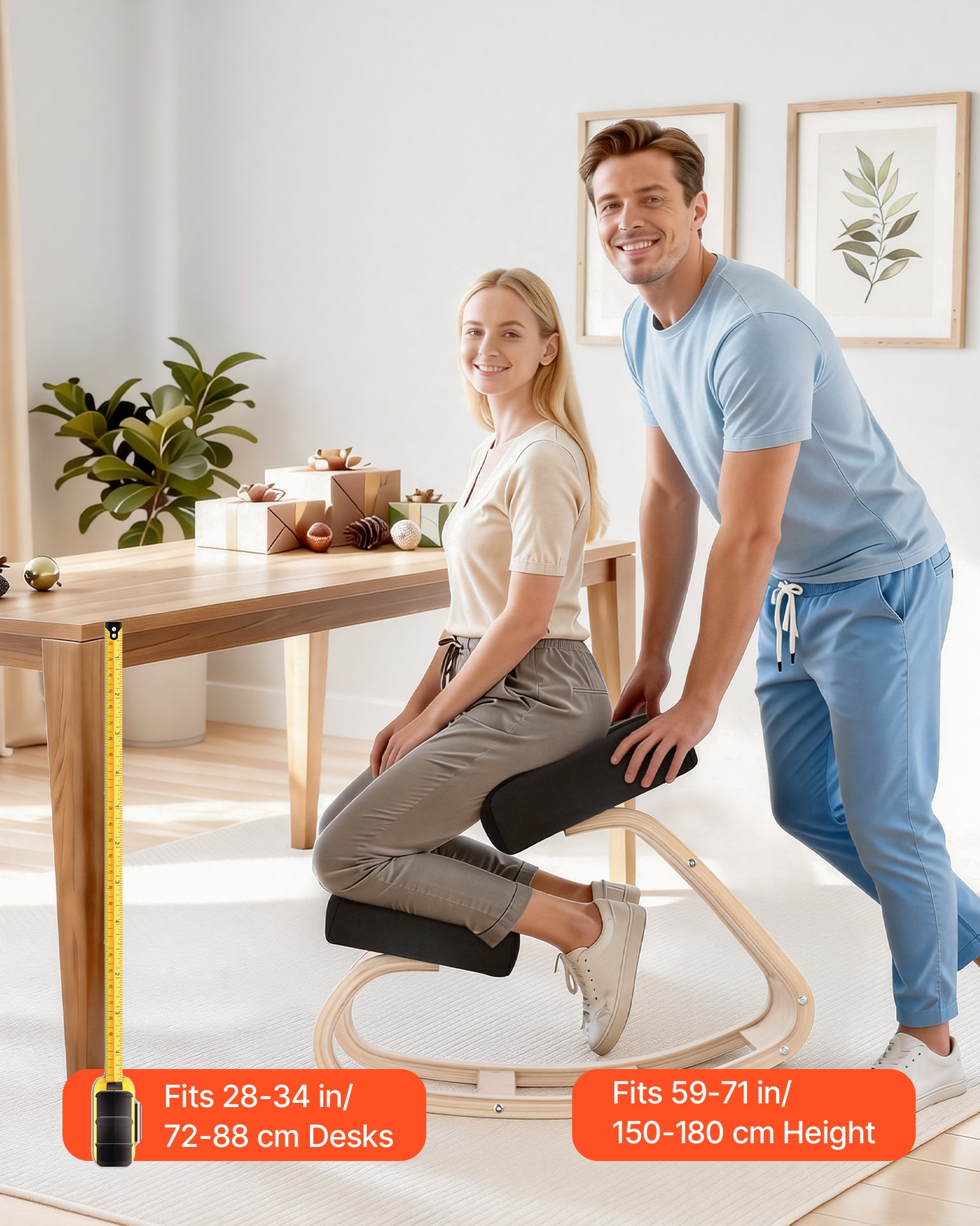 VEVOR Ergonomische knielstoel met dikke schuimkussens en stevig massief houten frame, knielstoel voor nek- en rugverlichting, draagvermogen tot 65 kg, ideaal voor thuis, kantoor en meditatie, zwart