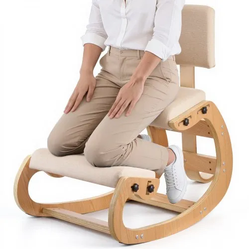 VEVOR Ergonomische knielstoel met dikke, geïntegreerde schuimkussens, houten frame en rugleuning, verstelbare knielkruk voor nek- en rugverlichting, ideaal voor thuis en op kantoor, beige