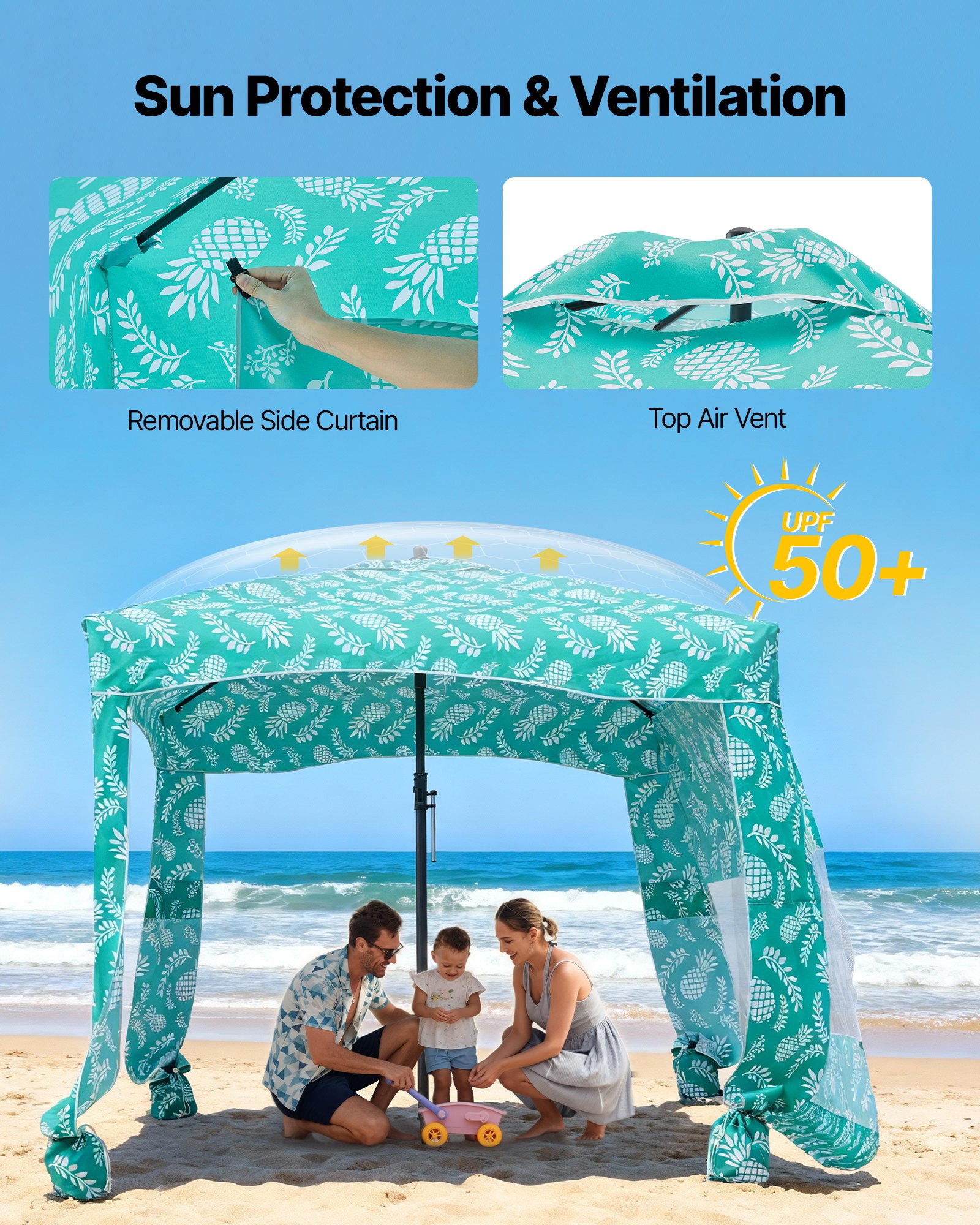 VEVOR strandcabana 183 x 183 cm, strandluifel met zijwanden, UPF 50+ zonbescherming, strandpaviljoen met zandzakken, draagbare parasol voor het hele gezin en vrienden