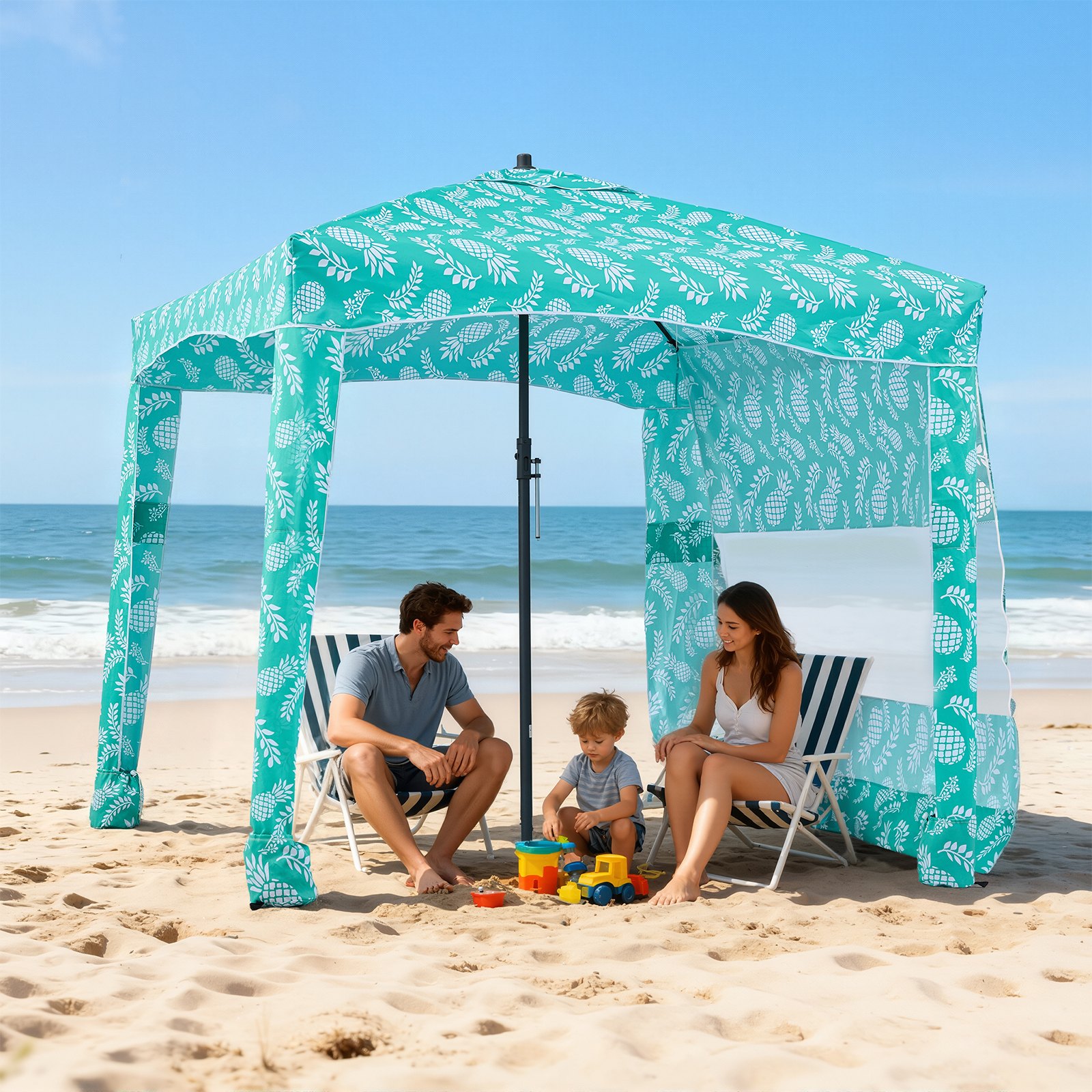 VEVOR strandcabana 183 x 183 cm, strandluifel met zijwanden, UPF 50+ zonbescherming, strandpaviljoen met zandzakken, draagbare parasol voor het hele gezin en vrienden