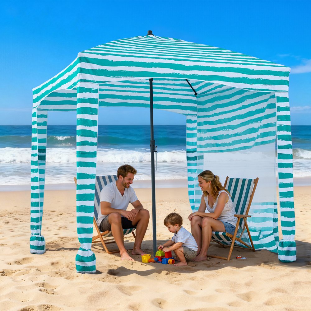 VEVOR strandcabana 183 x 183 cm, strandluifel met zijwanden, UPF 50+ zonbescherming, strandpaviljoen met zandzakken, draagbare parasol voor het hele gezin, groene strepen