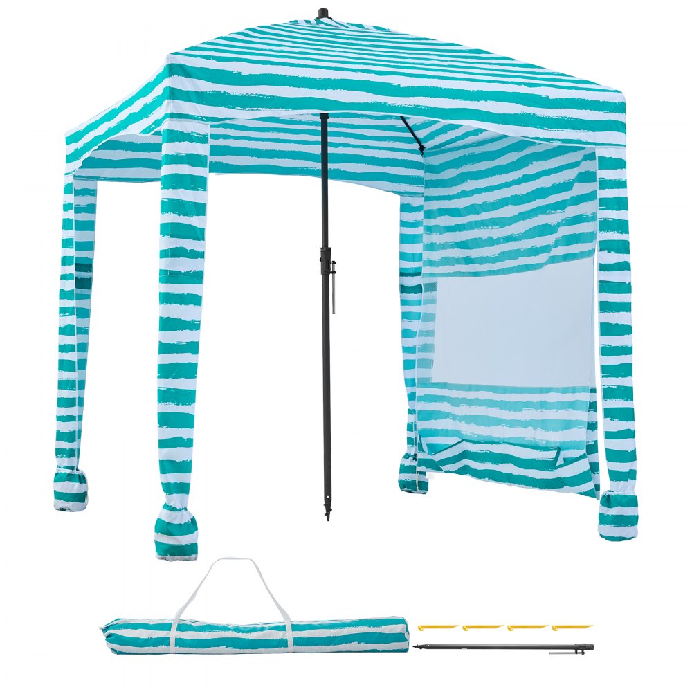 VEVOR strandcabana 183 x 183 cm, strandluifel met zijwanden, UPF 50+ zonbescherming, strandpaviljoen met zandzakken, draagbare parasol voor het hele gezin, groene strepen