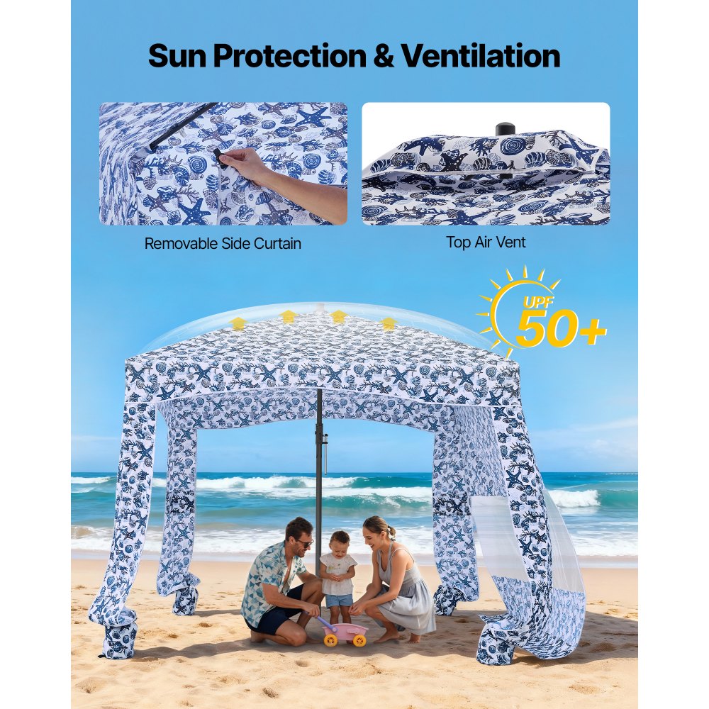 VEVOR strandcabana 183 x 183 cm, strandluifel met zijwanden, UPF 50+ zonbescherming, strandpaviljoen met zandzakken, grote draagbare parasol voor familie en vrienden, buitengebruik