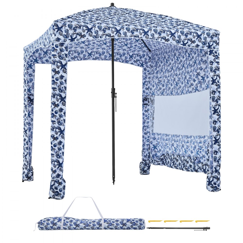VEVOR strandcabana 183 x 183 cm, strandluifel met zijwanden, UPF 50+ zonbescherming, strandpaviljoen met zandzakken, grote draagbare parasol voor familie en vrienden, buitengebruik
