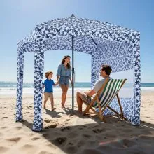 VEVOR strandcabana 183 x 183 cm, strandluifel met zijwanden, UPF 50+ zonbescherming, strandpaviljoen met zandzakken, grote draagbare parasol voor familie en vrienden, buitengebruik