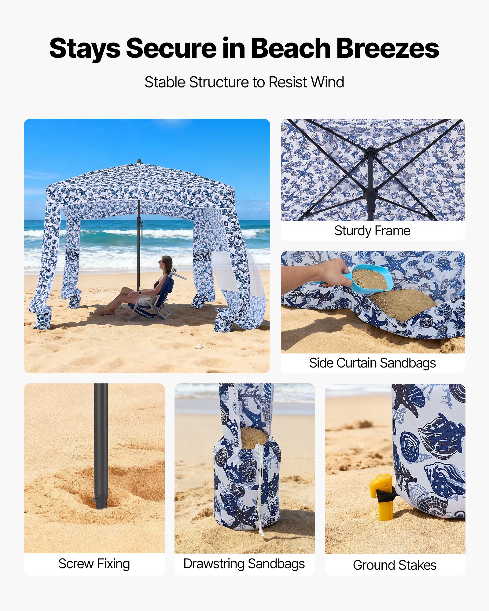 VEVOR strandcabana 183 x 183 cm, strandluifel met zijwanden, UPF 50+ zonbescherming, strandpaviljoen met zandzakken, grote draagbare parasol voor familie en vrienden, buitengebruik