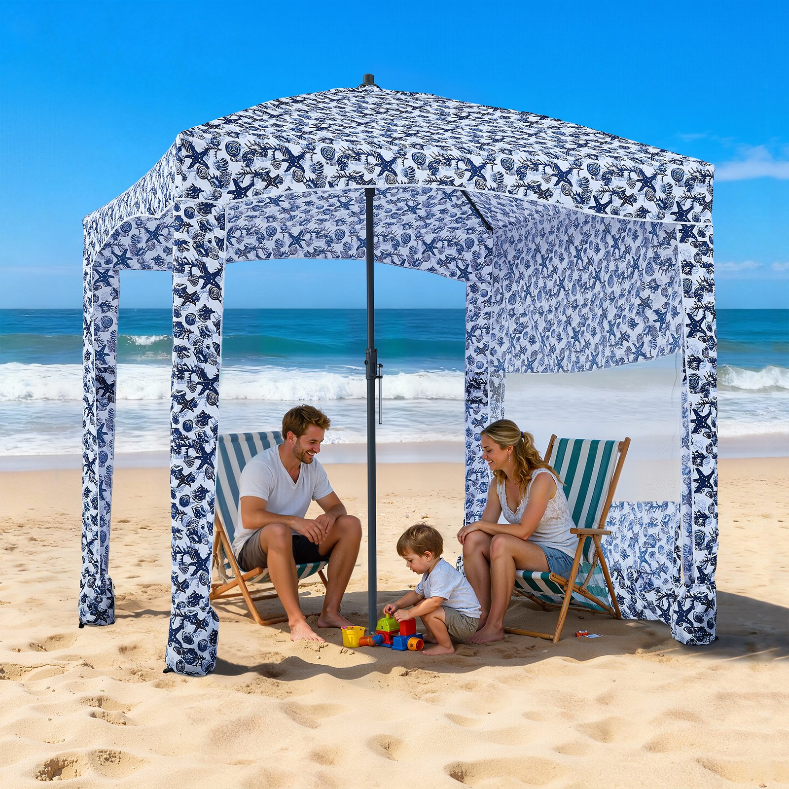 VEVOR strandcabana 183 x 183 cm, strandluifel met zijwanden, UPF 50+ zonbescherming, strandpaviljoen met zandzakken, grote draagbare parasol voor familie en vrienden, buitengebruik